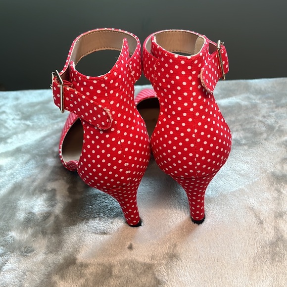 Red & White super cute sexy low heels Anke strap fabric  size 7 ladies - Picture 3 of 11